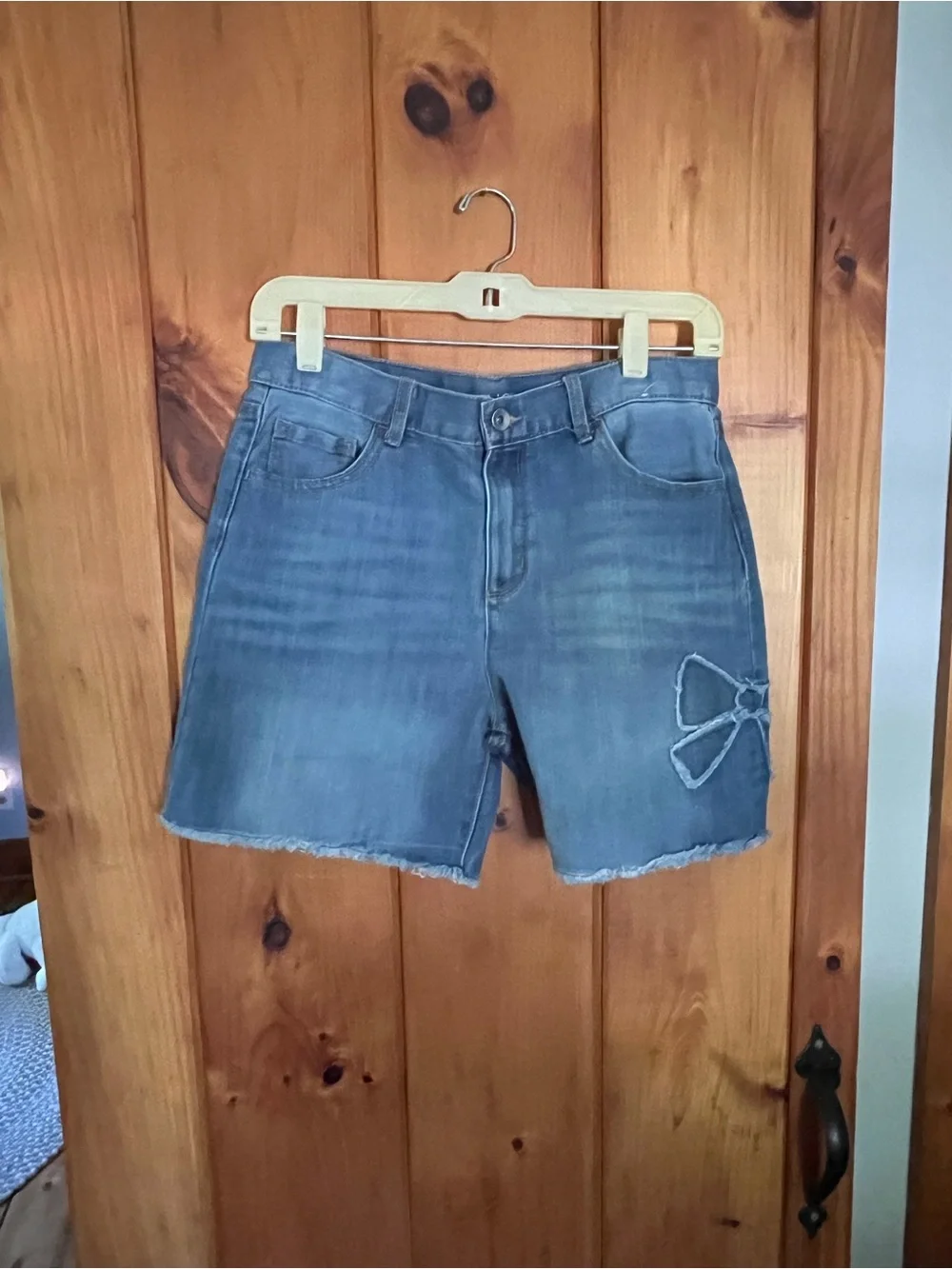 Girls Blue Denim Mid-Length Shorts with Bow Detail